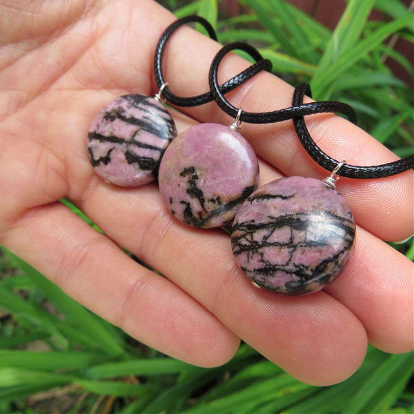 Large Rhodonite Crystal Necklace | Pink Black Matrix Rhodonite Stone