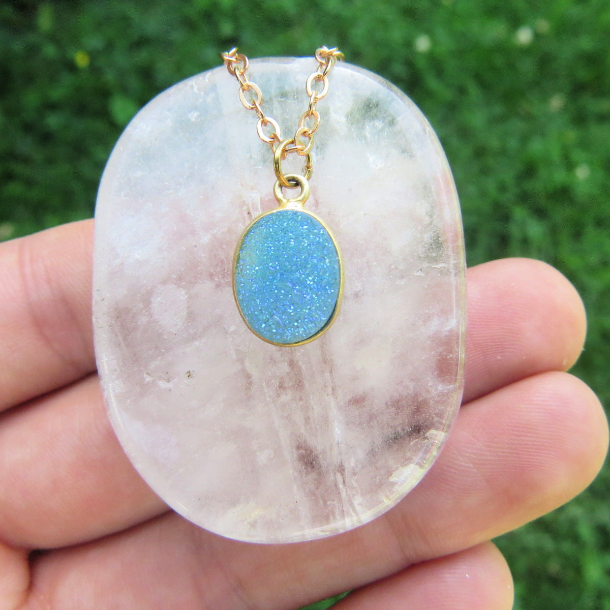 Light Blue Druzy Necklace in Gold - Druzy Quartz Crystal Necklace