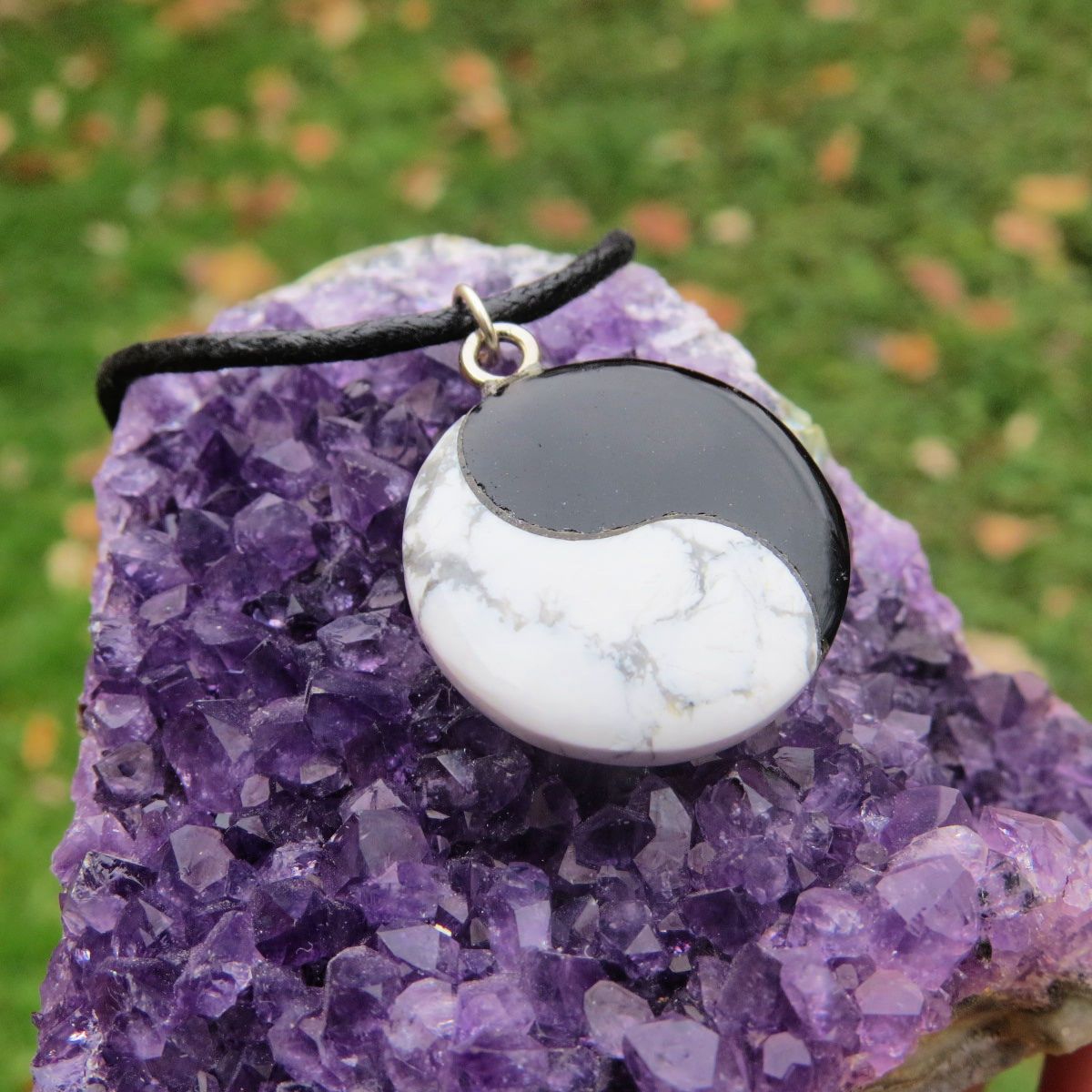 Stone Yin Yang Necklace - Black Cord Crystal Necklace for Men - Side