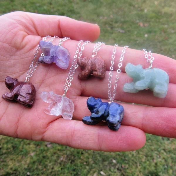 Mini Crystal Bear Necklace | Carved Stone Bear Animal Necklace