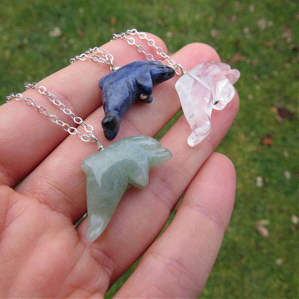 Crystal Dolphin Necklace in Sterling Silver | Carved Stone Animal Necklace