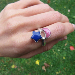 Moon and Star Stone Ring in Sterling Silver - Lapis Lazuli and Thulite