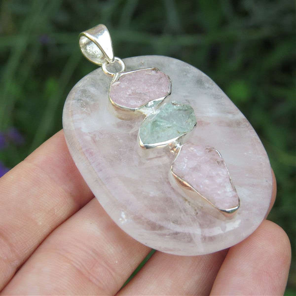 Morganite & Aquamarine Raw Stone Pendant in Sterling Silver
