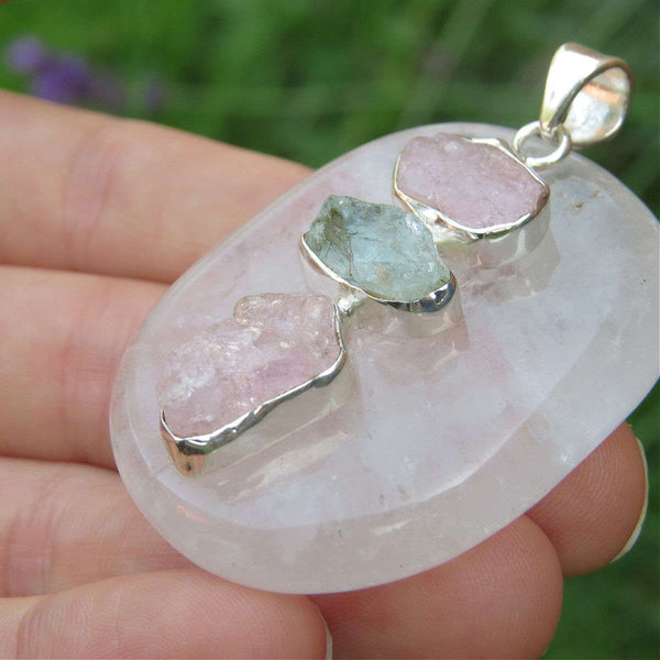Morganite & Aquamarine Raw Stone Pendant in Sterling Silver