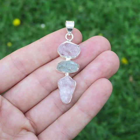 Morganite & Aquamarine Raw Stone Pendant in Sterling Silver