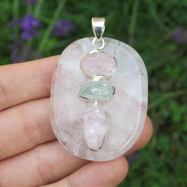 Morganite & Aquamarine Raw Stone Pendant in Sterling Silver