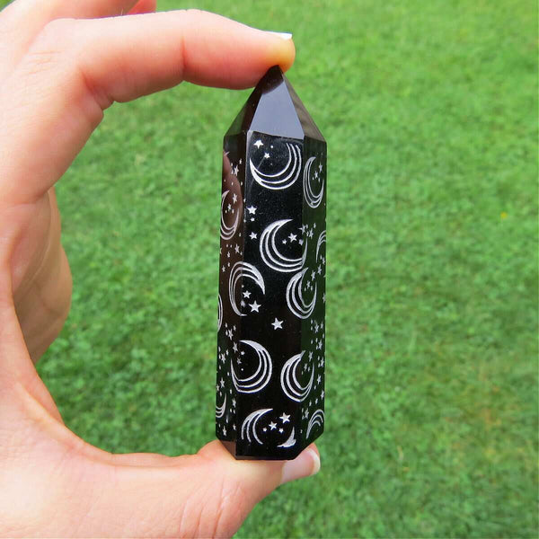 Black Obsidian Crystal Point with Moon and Starts Etching Stone Tower