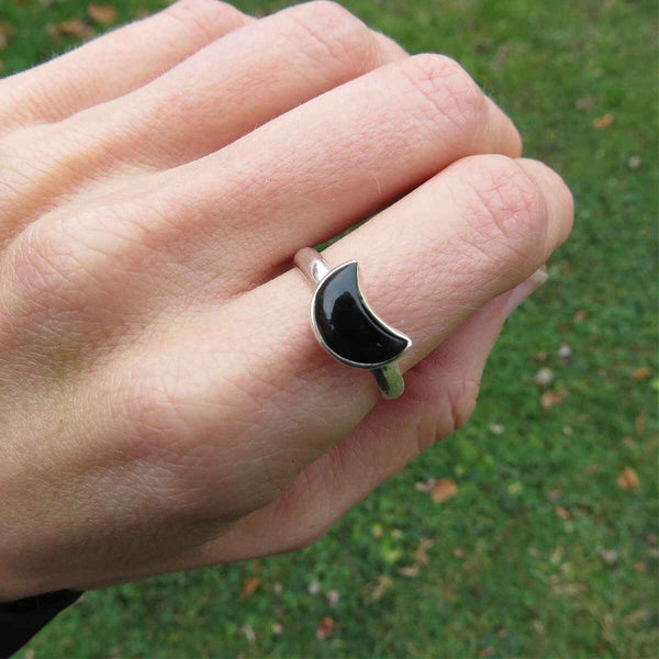 Black Onyx Moon Ring in Sterling Silver
