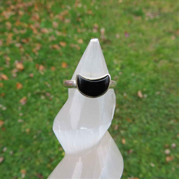 Black Onyx Crescent Moon Ring in Sterling Silver