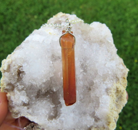 Sunset Orange Aura Quartz Crystal Point Necklace