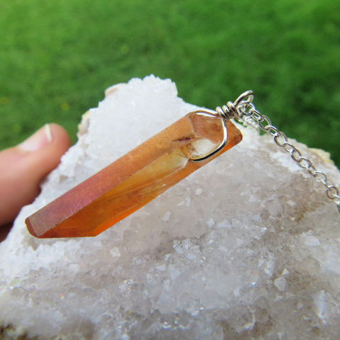 Sunset Orange Aura Quartz Crystal Point Necklace - Side