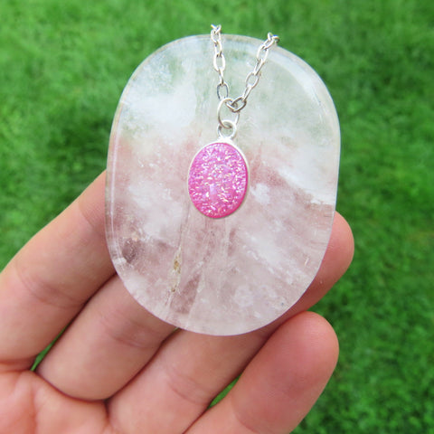 Pink Druzy Necklace - Silver Druzy Crystal Jewelry