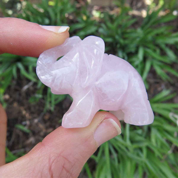 Pink Rose Quartz Crystal Elephant Carving