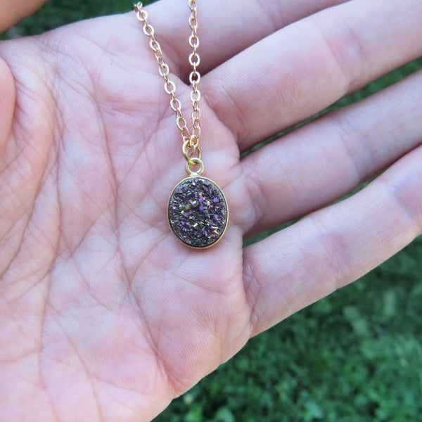 Purple Druzy Necklace in Gold | Titanium Quartz Crystal Necklace | Druzy Jewelry