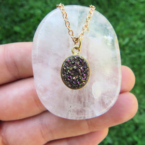 Purple Druzy Necklace in Gold - Titanium Aura Druzy Jewelry