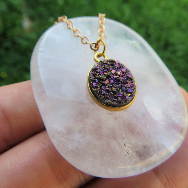 Purple Druzy Necklace in Gold | Titanium Quartz Crystal Necklace | Druzy Jewelry