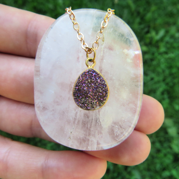 Purple Druzy Necklace in Gold - Rainbow Druzy Jewelry