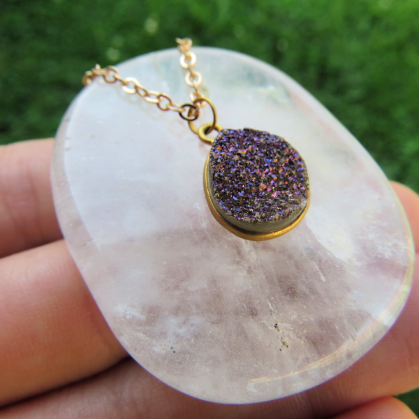 Purple Druzy Necklace - Gold Teardrop Druzy Stone Necklace