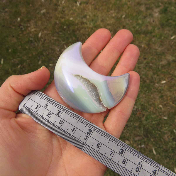 Rainbow Aura Crystal Moon 2.25" | Agate & Druzy Moon Carving
