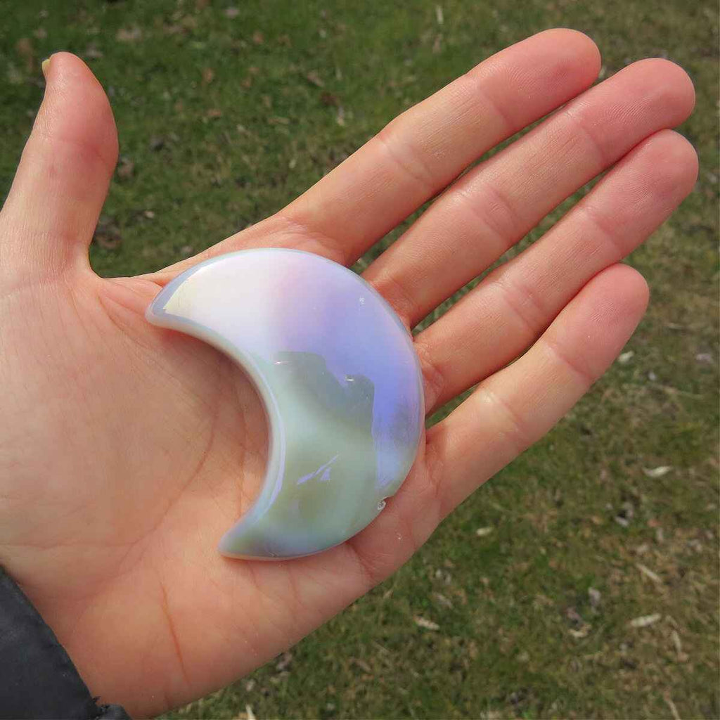 Rainbow Aura Crystal Moon 2.25" | Agate & Druzy Moon Carving