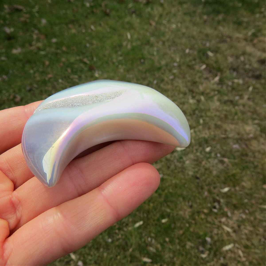 Rainbow Aura Crystal Moon 2.25" | Agate & Druzy Moon Carving