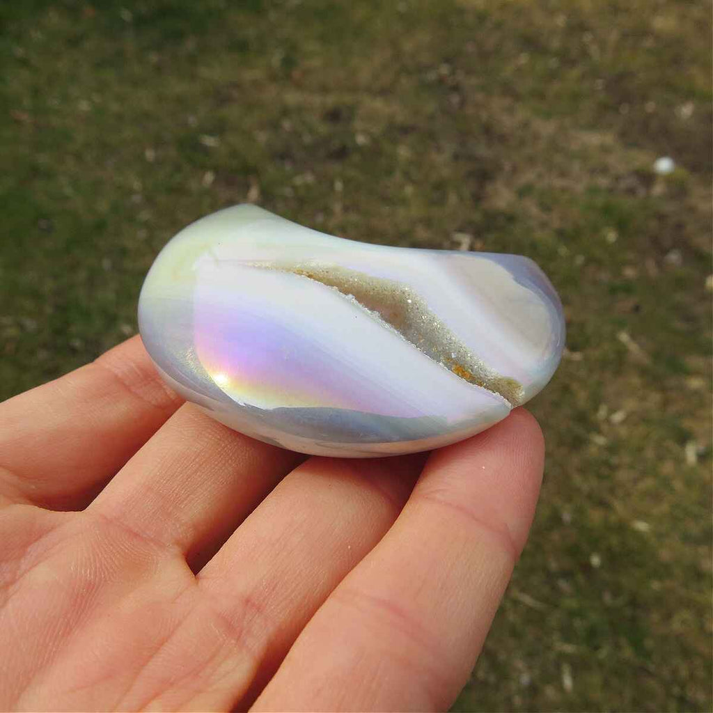 Rainbow Aura Agate Moon Carving