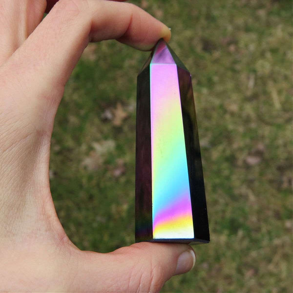 Rainbow Aura Obsidian Crystal Point Tower Stone