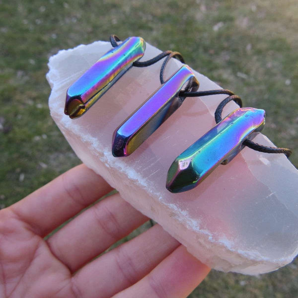 Rainbow Aura Quartz Necklace | Rainbow Crystal Point Necklace