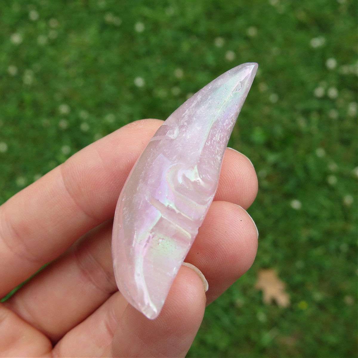 Rainbow Aura Rose Quartz Crystal Moon Carving 2"