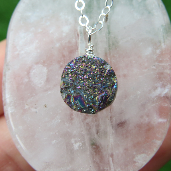 Rainbow Druzy Necklace - Rainbow Quartz Crystal Necklace