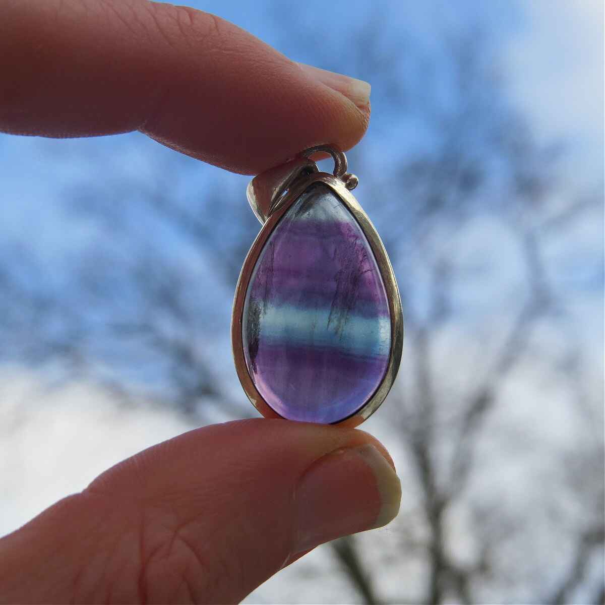 Rainbow Fluorite Crystal Pendant Sterling Silver