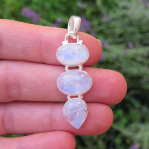 Rainbow Moonstone Pendant Sterling Silver 3 Stone