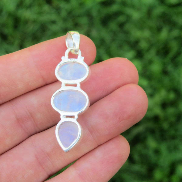 Rainbow Moonstone Pendant in Sterling Silver | 3 Stone Crystal Pendant