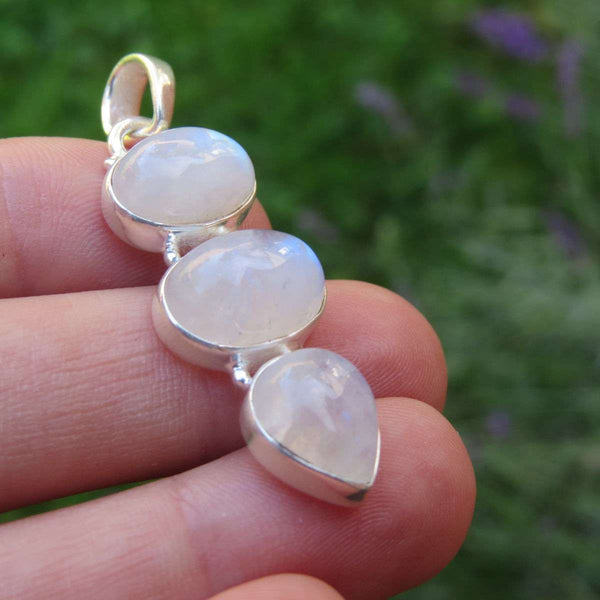 Rainbow Moonstone Pendant in Sterling Silver | 3 Stone Crystal Pendant