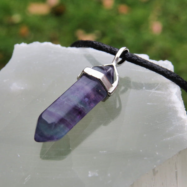 Rainbow Fluorite Necklace - Black Cord Crystal Point Necklace