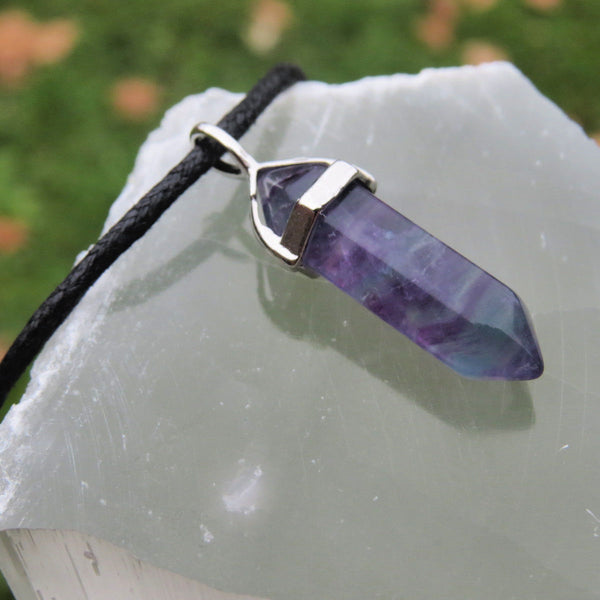 Rainbow Fluorite Point Necklace - Black Cord