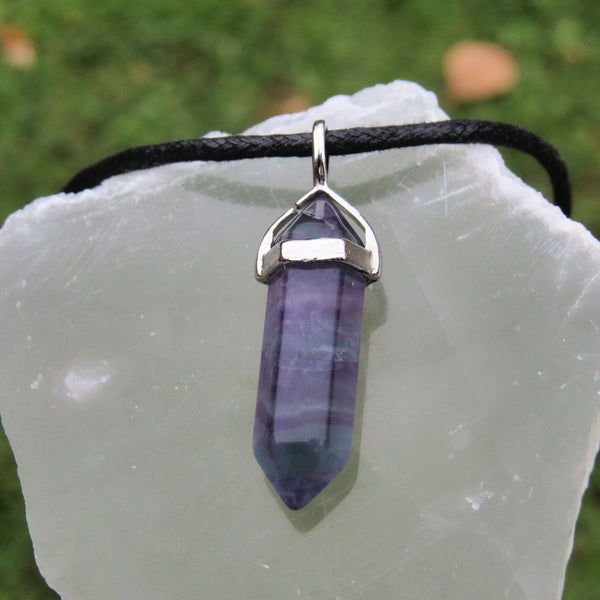 Rainbow Fluorite Necklace - Crystal Point Necklace Black Cord Necklace for Men