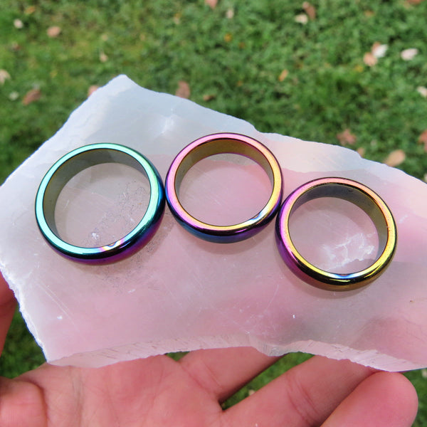 Rainbow Hematite Ring | Titanium Rainbow Aura Crystal Band Ring