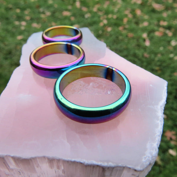 Rainbow Hematite Ring | Titanium Rainbow Aura Crystal Band Ring