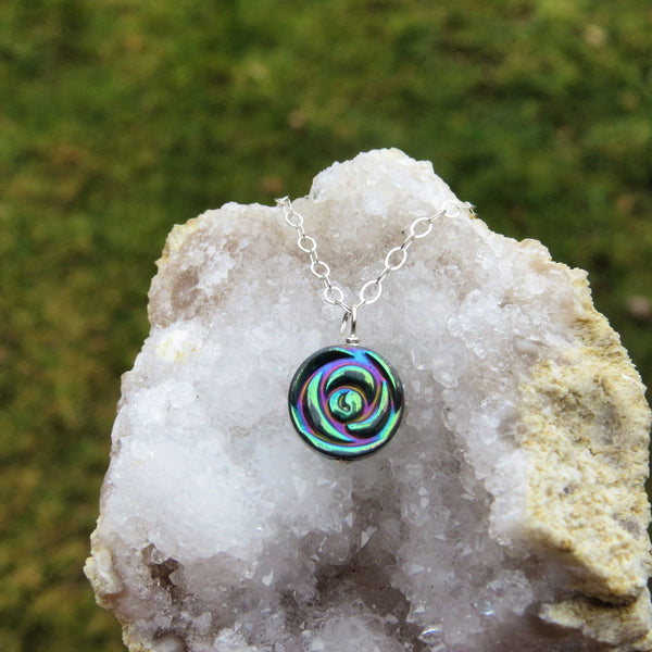 Rainbow Rose Necklace - Hematite Crystal Flower Necklace