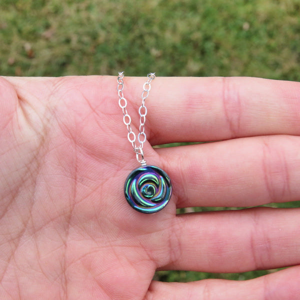 Hematite Crystal Rainbow Rose Necklace | Carved Stone Flower Jewerly