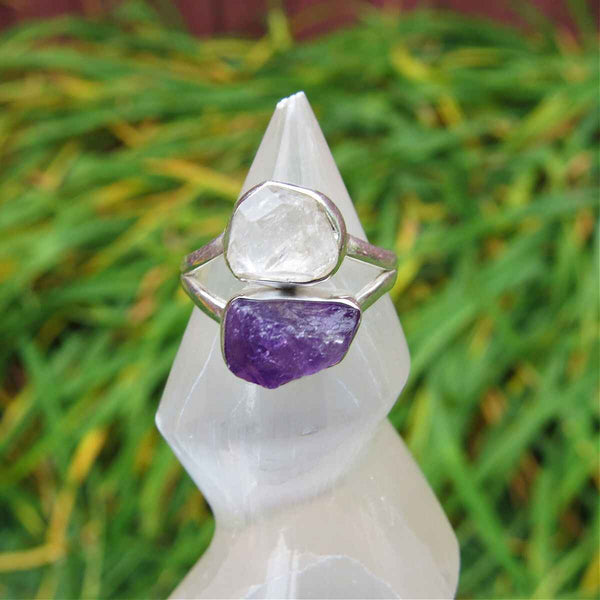 Raw Stone Ring w/ Amethyst and Herkimer Diamond