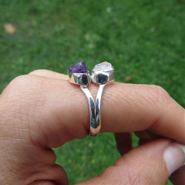 Raw Amethyst and Herkimer Diamond Ring in Sterling Silver
