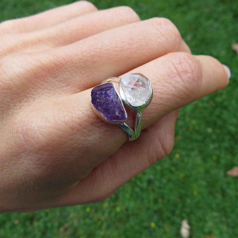 Raw Stone Ring with Amethyst and Herkimer Diamond in Sterling Silver