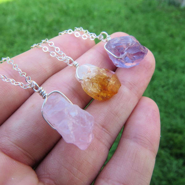 Raw Crystal Necklace in Sterling Silver | Amethyst, Rose Quartz, & Citrine