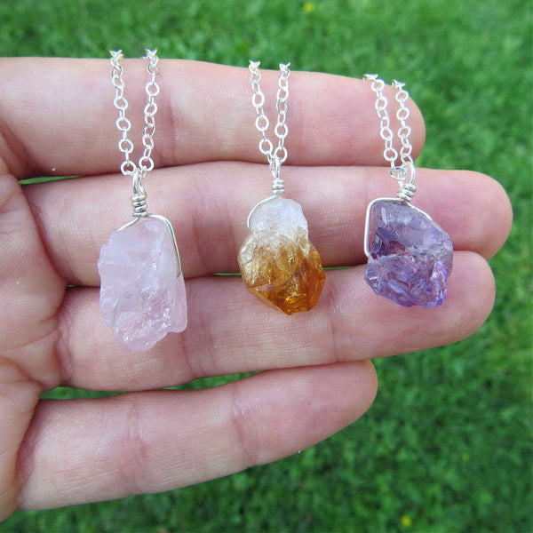 Raw Crystal Necklaces - Raw Stones Rose Quartz, Citrine, Amethyst in Sterling Silver