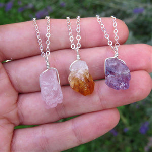 Raw Crystal Necklace in Sterling Silver - Rose Quartz, Citrine, Amethyst