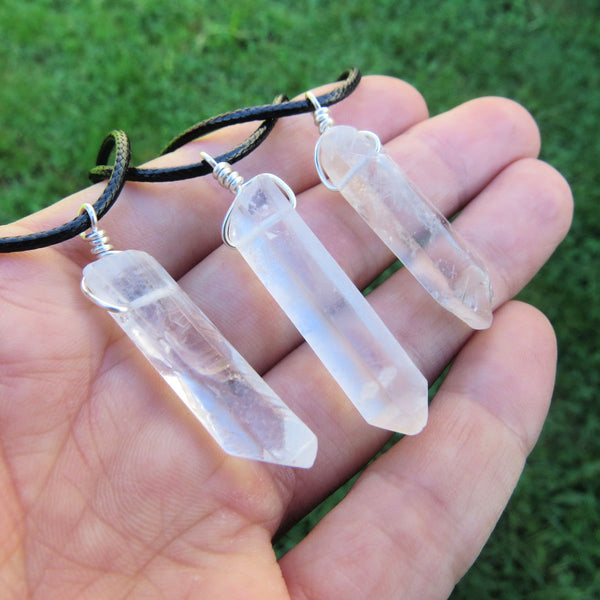Raw Clear Quartz Point Necklace | Black Cord Crystal Necklace for Men
