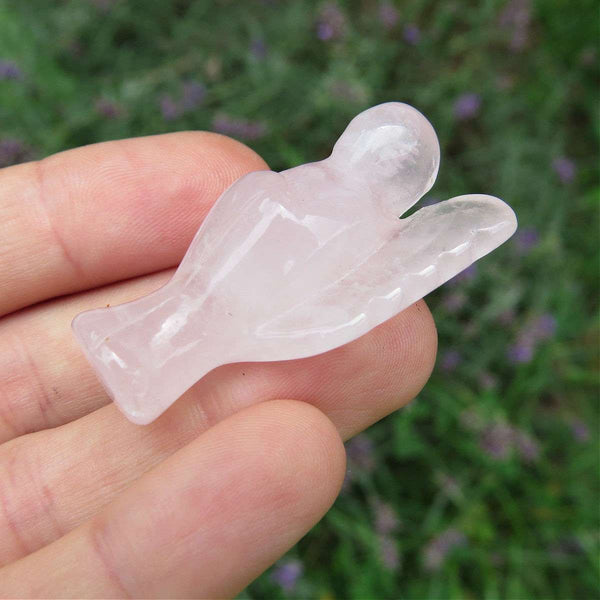 Rose Quartz Crystal Angel Figurine 1.5" Pink Stone Angel Carving