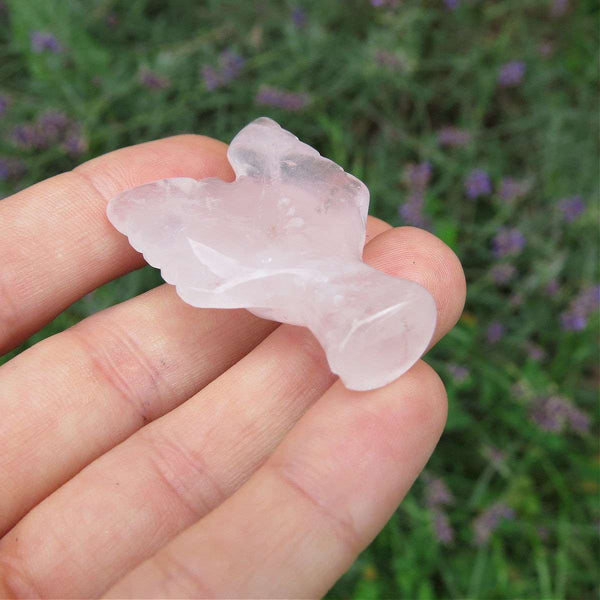 Rose Quartz Crystal Angel Figurine 1.5" Pink Stone Angel Carving